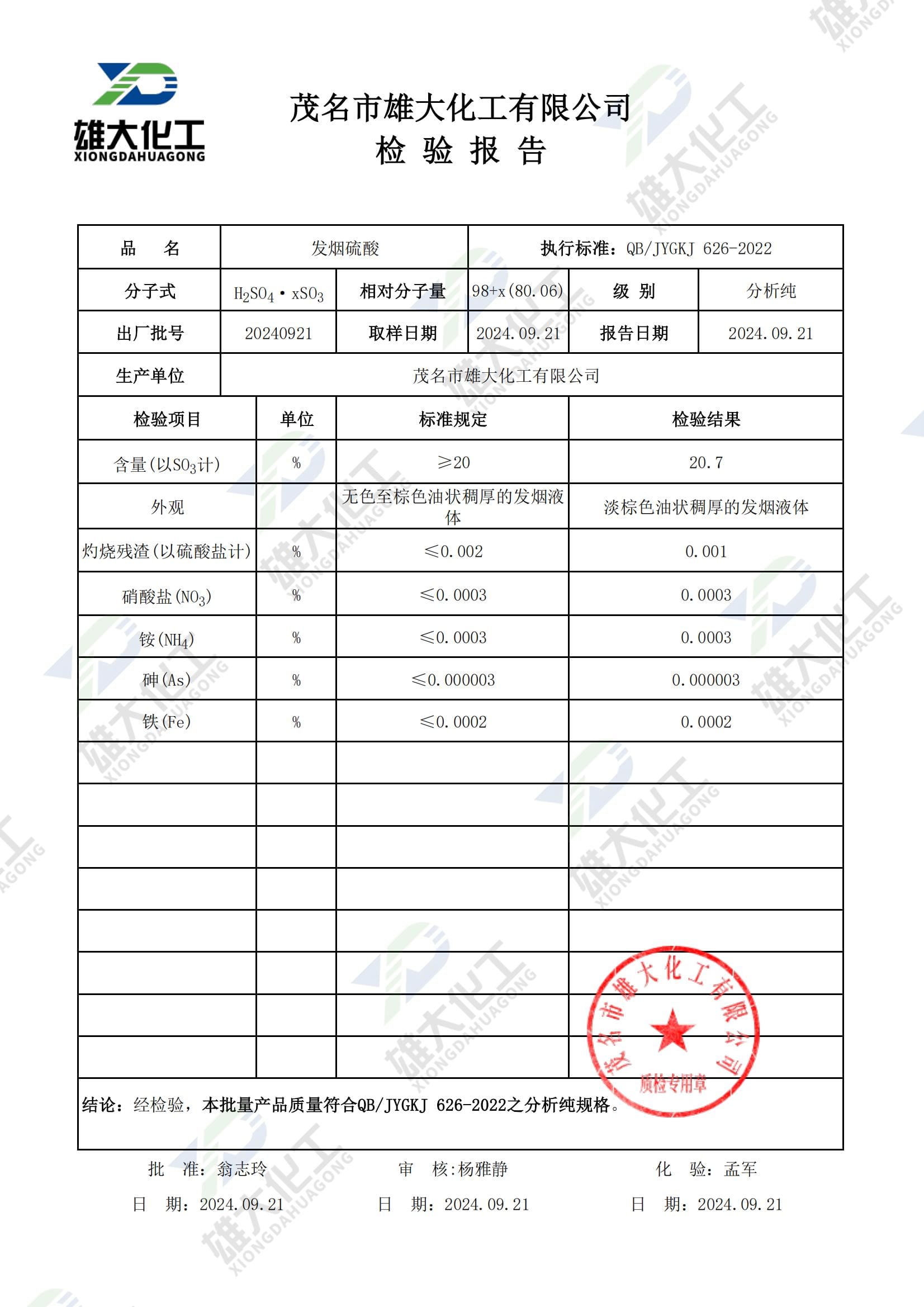 发烟硫酸20%分析纯 检测报告扫描示意