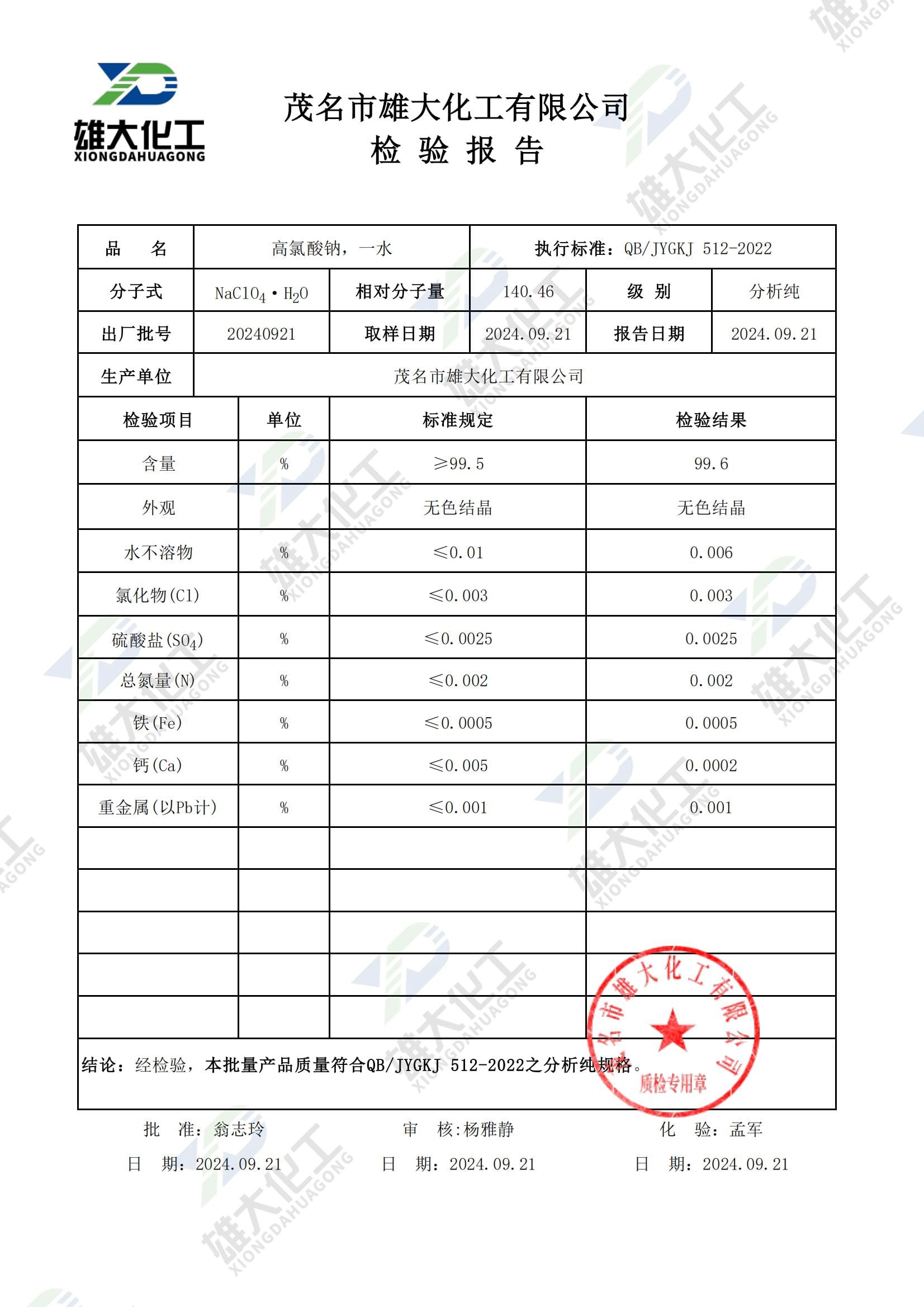 高氯酸钠，一水分析纯 检测报告扫描示意