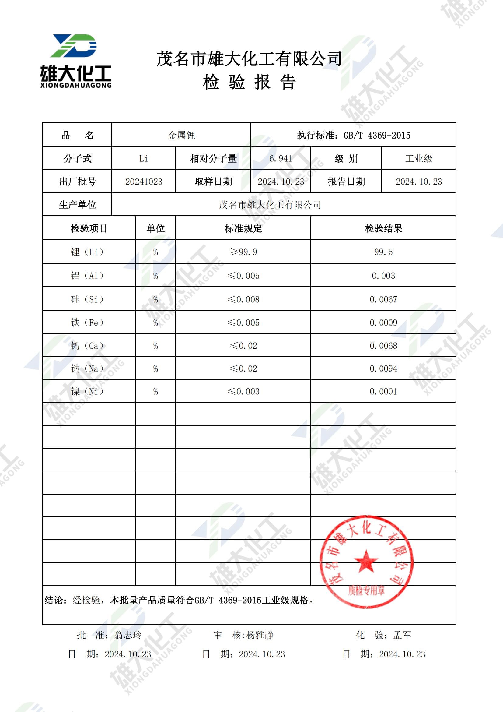金属锂工业级 检测报告扫描示意