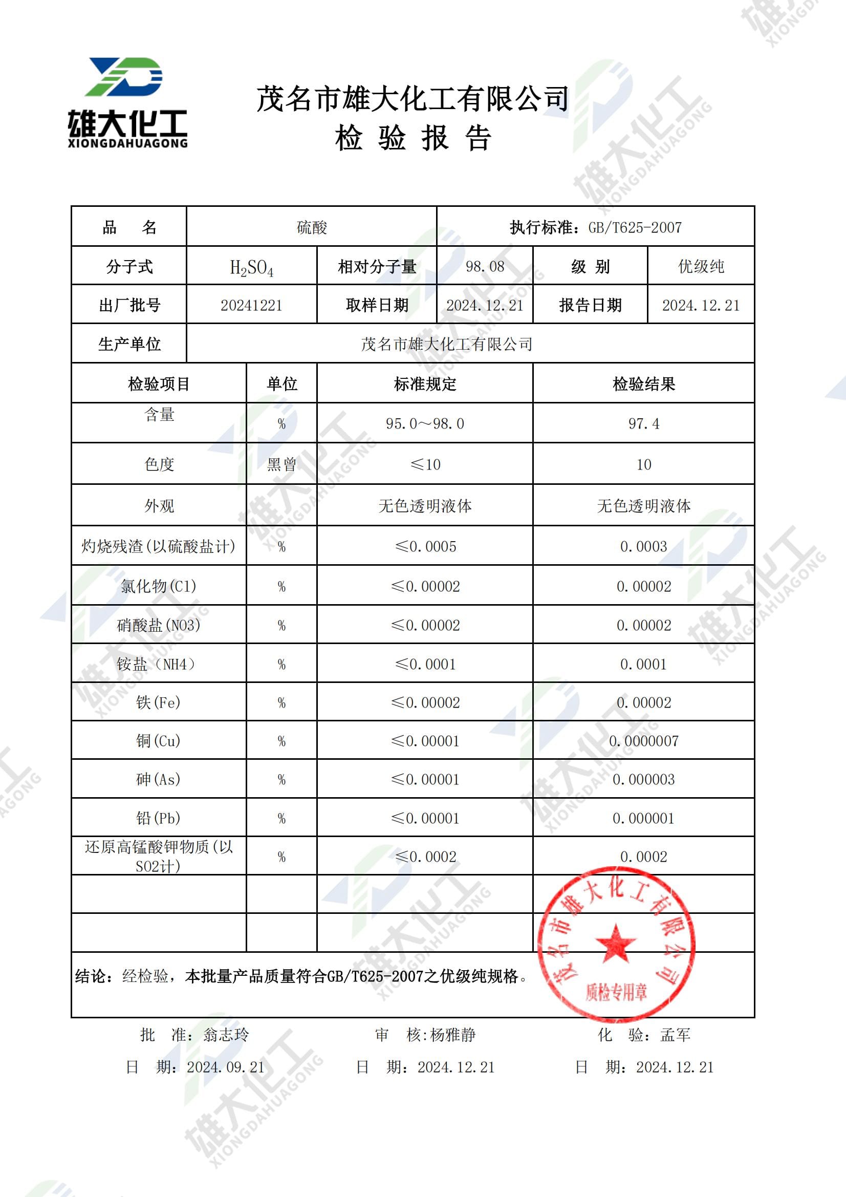 硫酸优级纯 检测报告扫描示意