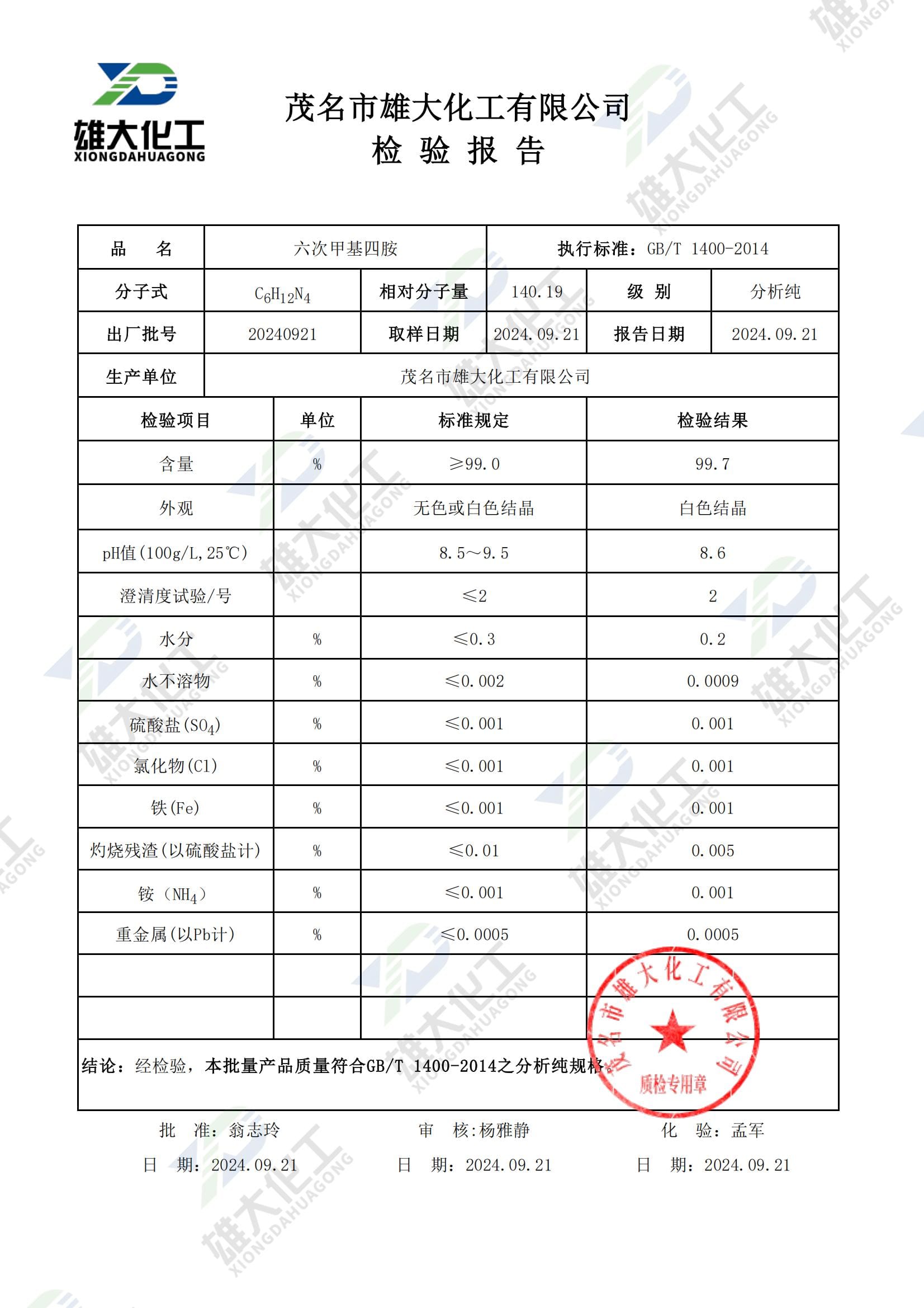 六次甲基四胺分析纯 检测报告扫描示意