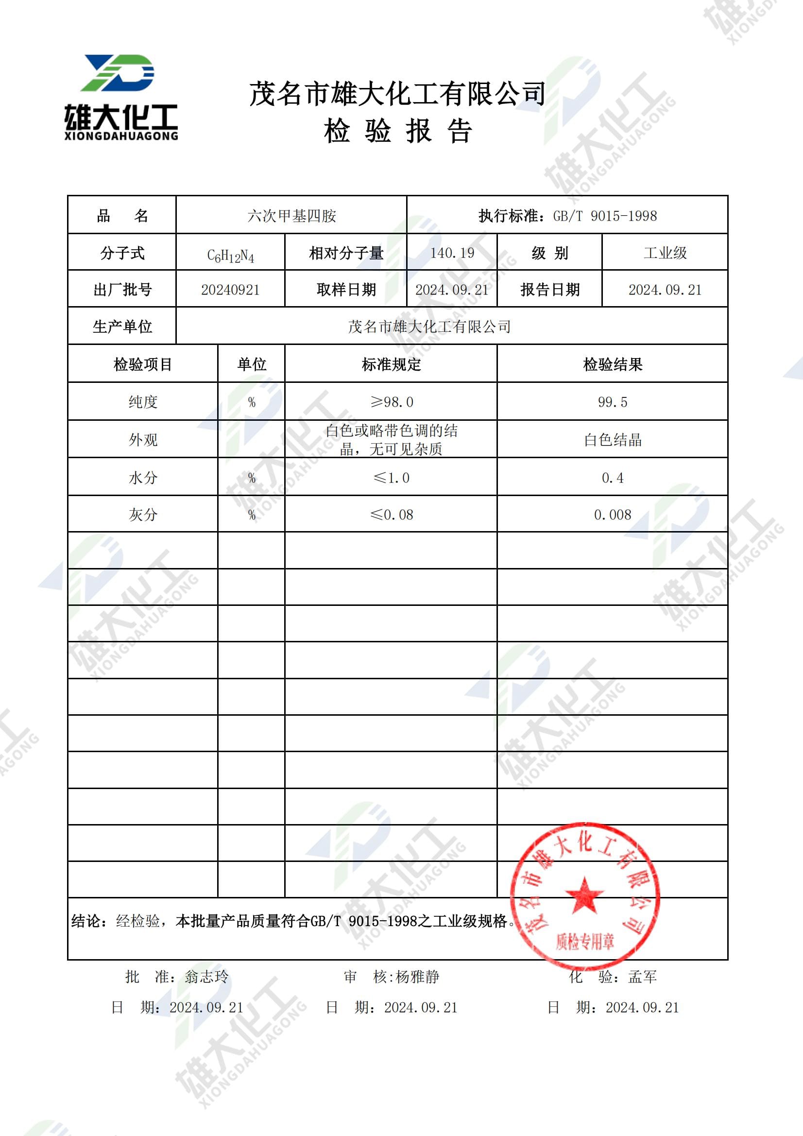 六次甲基四胺工业级 检测报告扫描示意