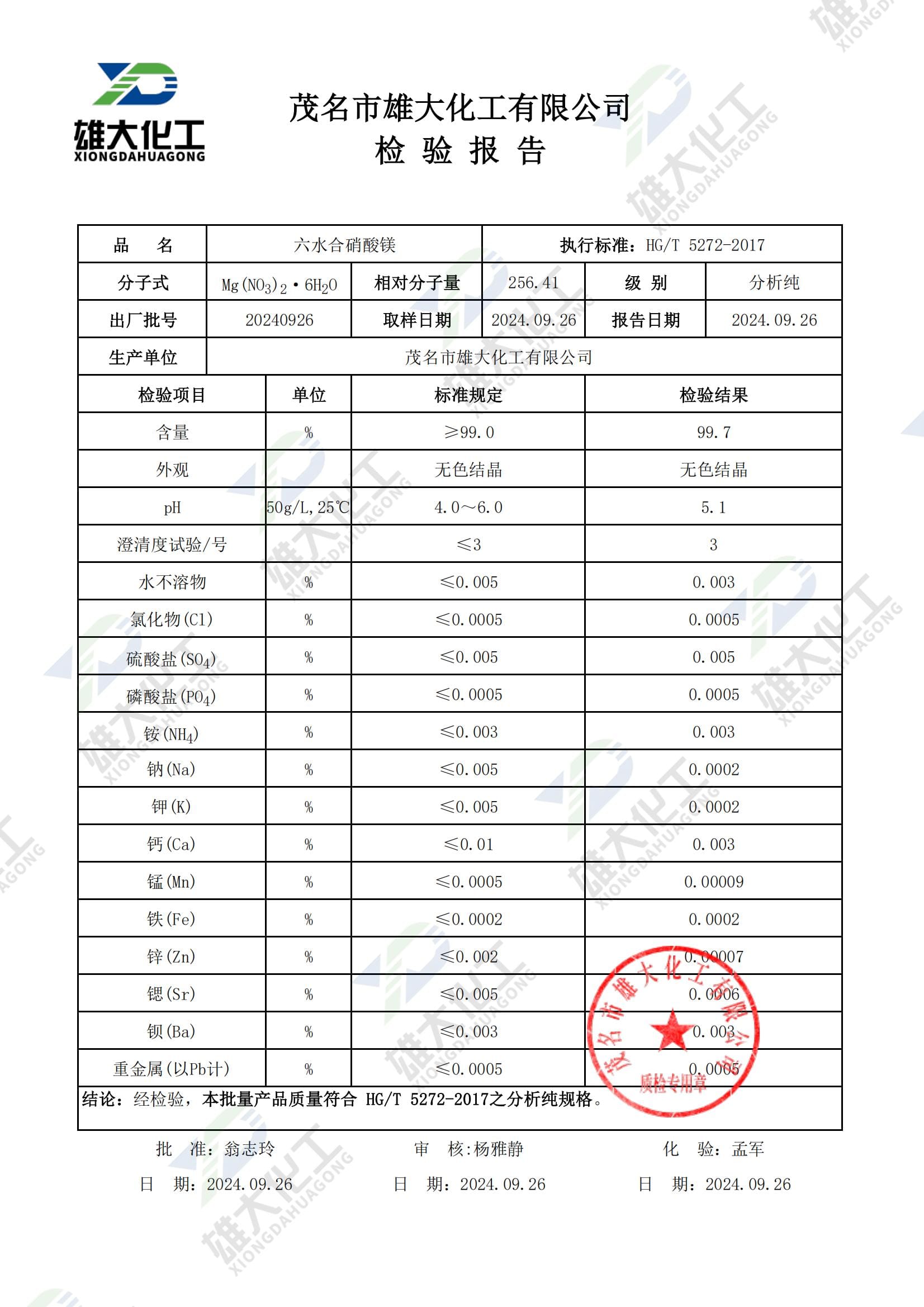 六水合硝酸镁分析纯 检测报告扫描示意