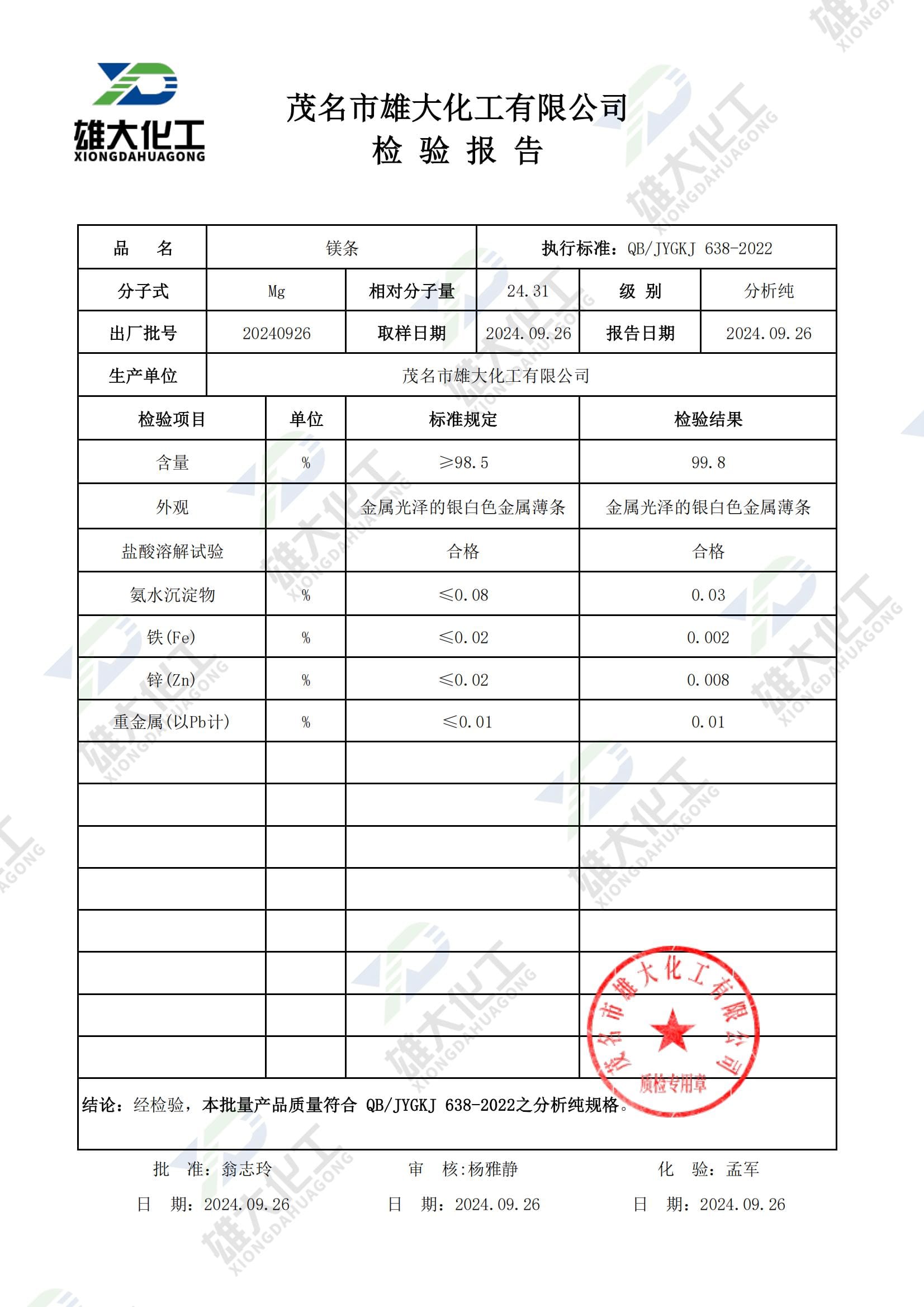 镁条分析纯 检测报告扫描示意