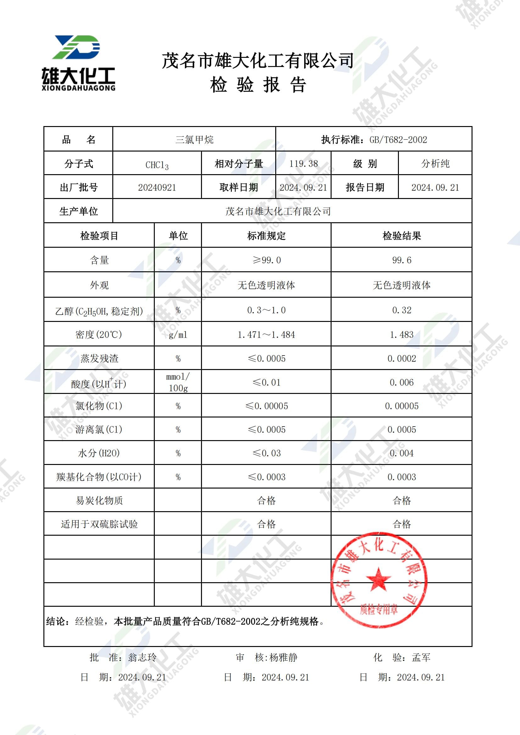 三氯甲烷分析纯 检测报告扫描示意