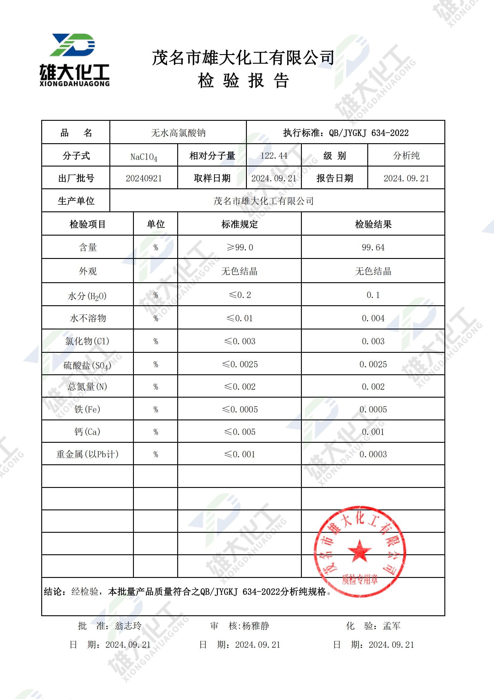 无水高氯酸钠分析纯 检测报告扫描示意