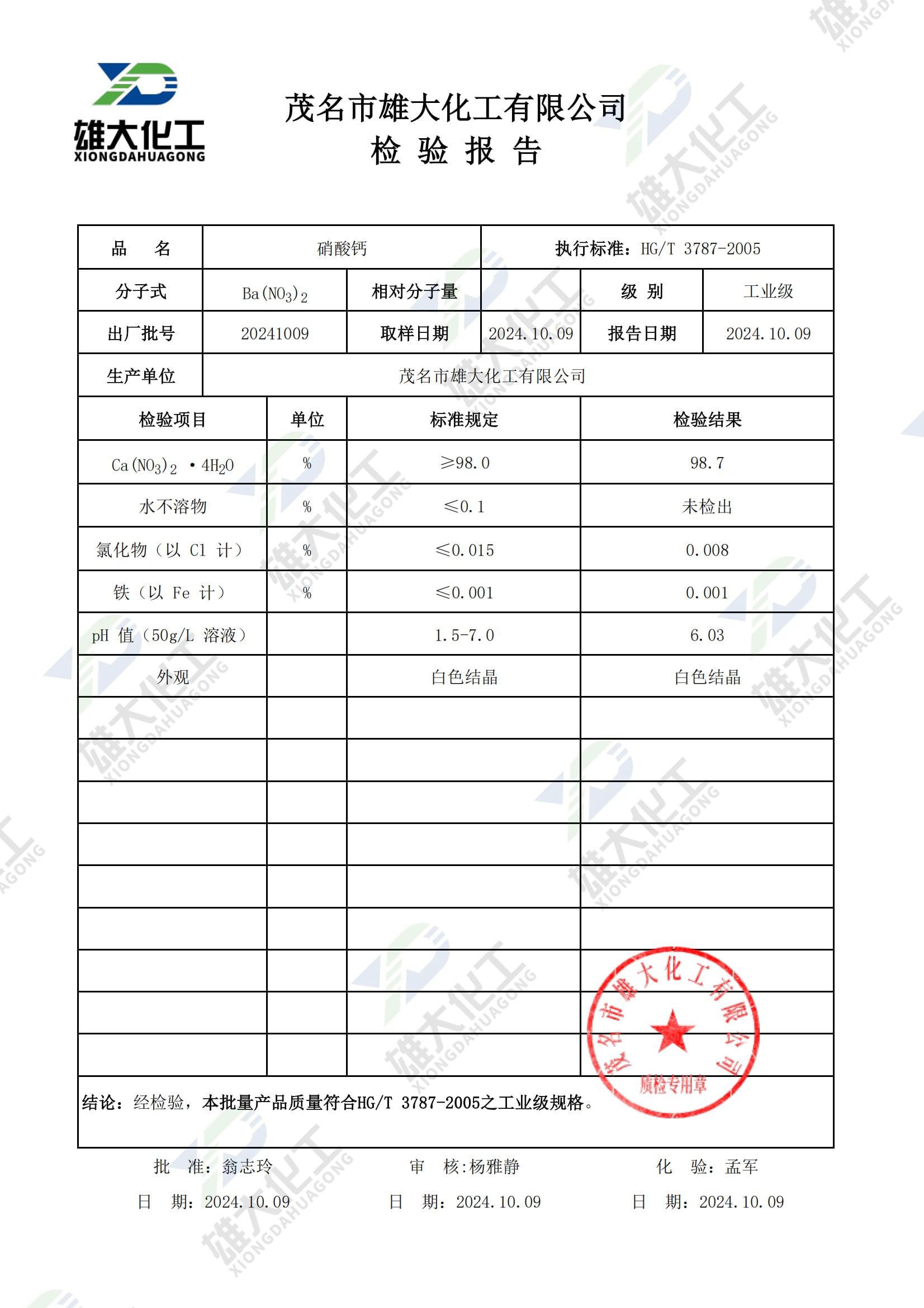 硝酸钙工业级 检测报告扫描示意