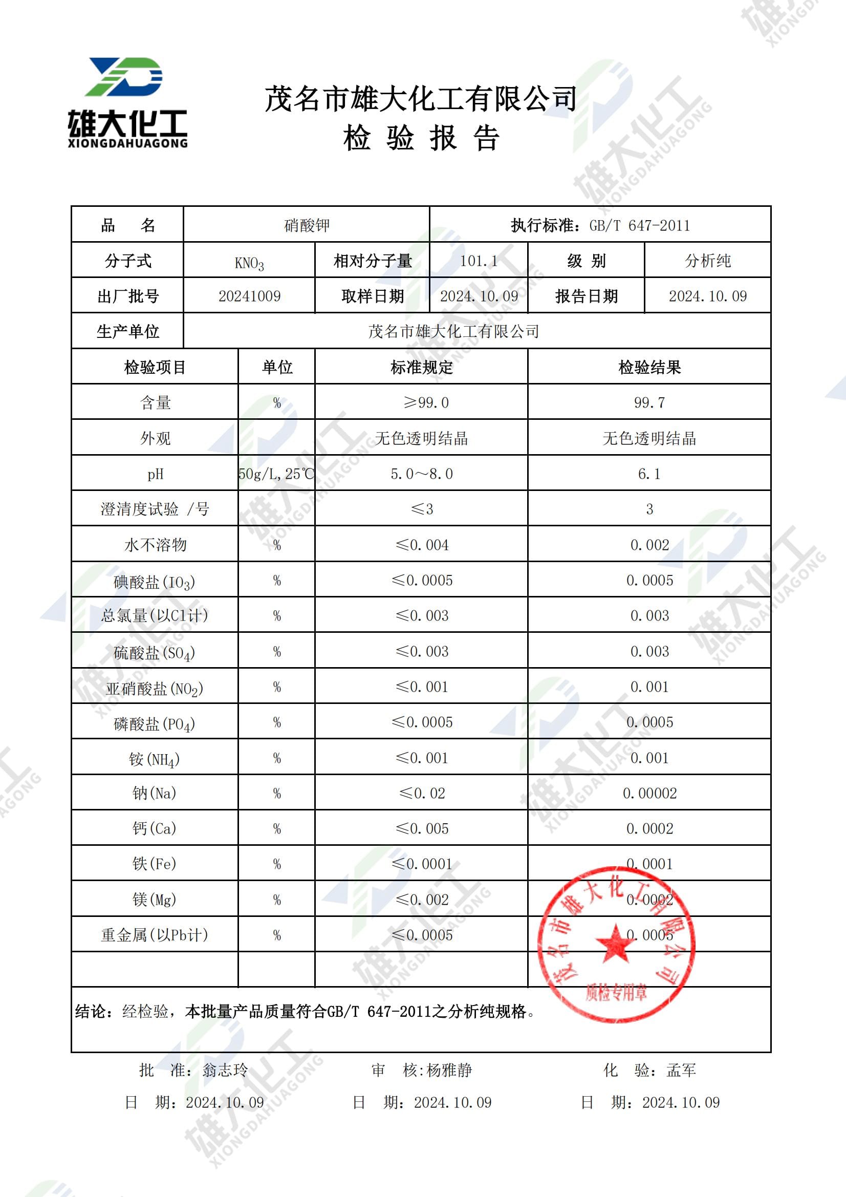 硝酸钾分析纯 检测报告扫描示意