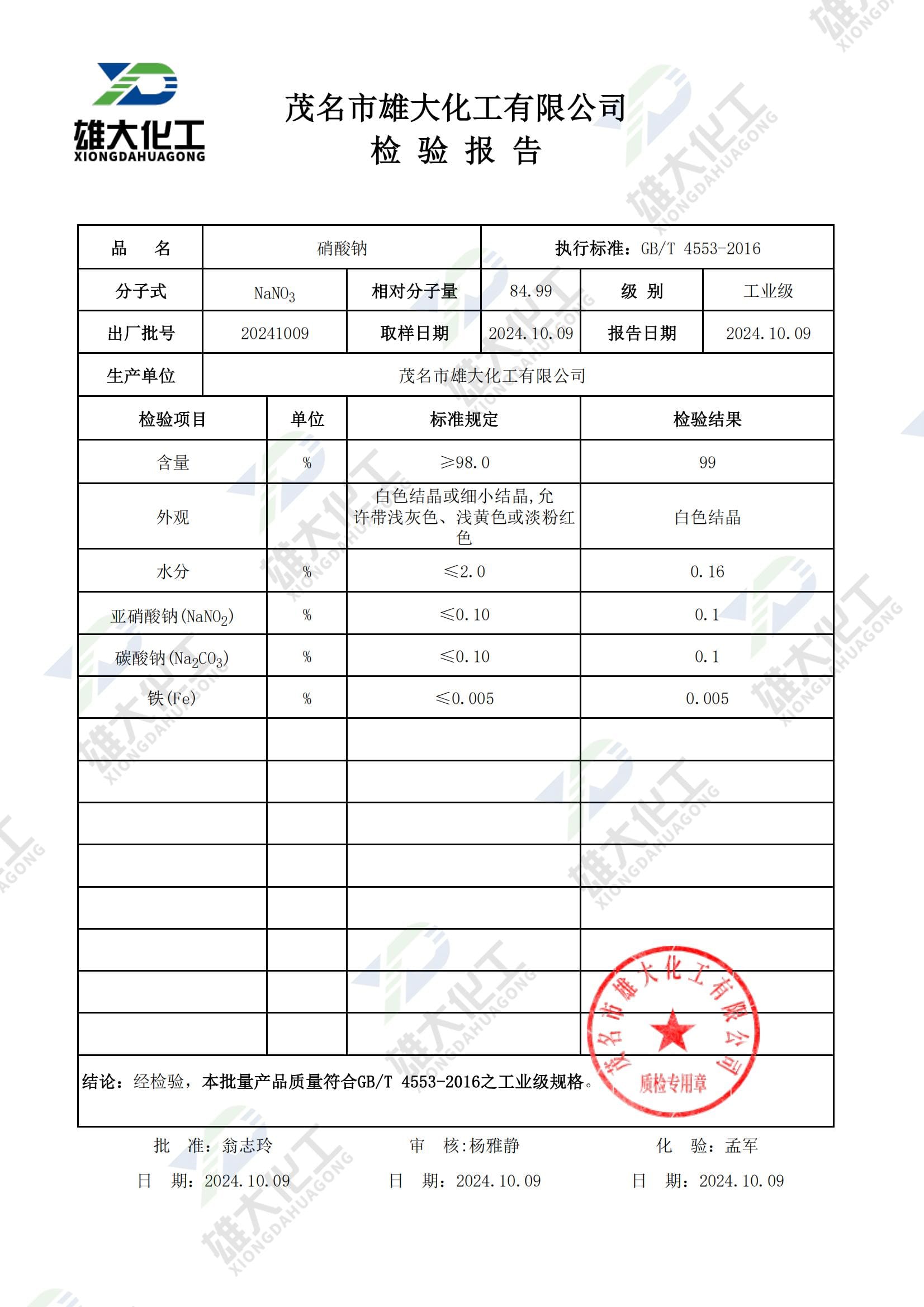 硝酸钠工业级 检测报告扫描示意