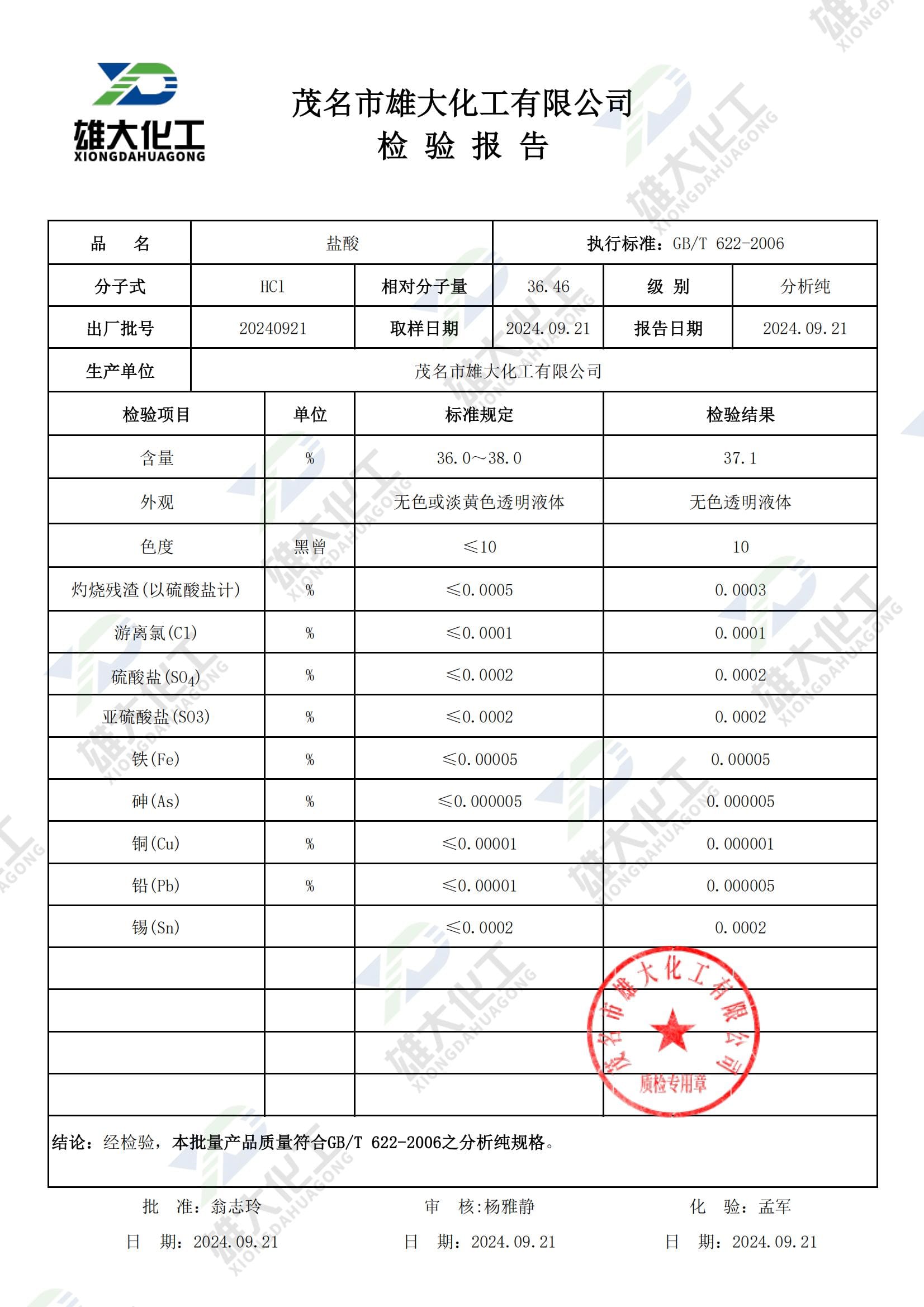 盐酸分析纯 检测报告扫描示意