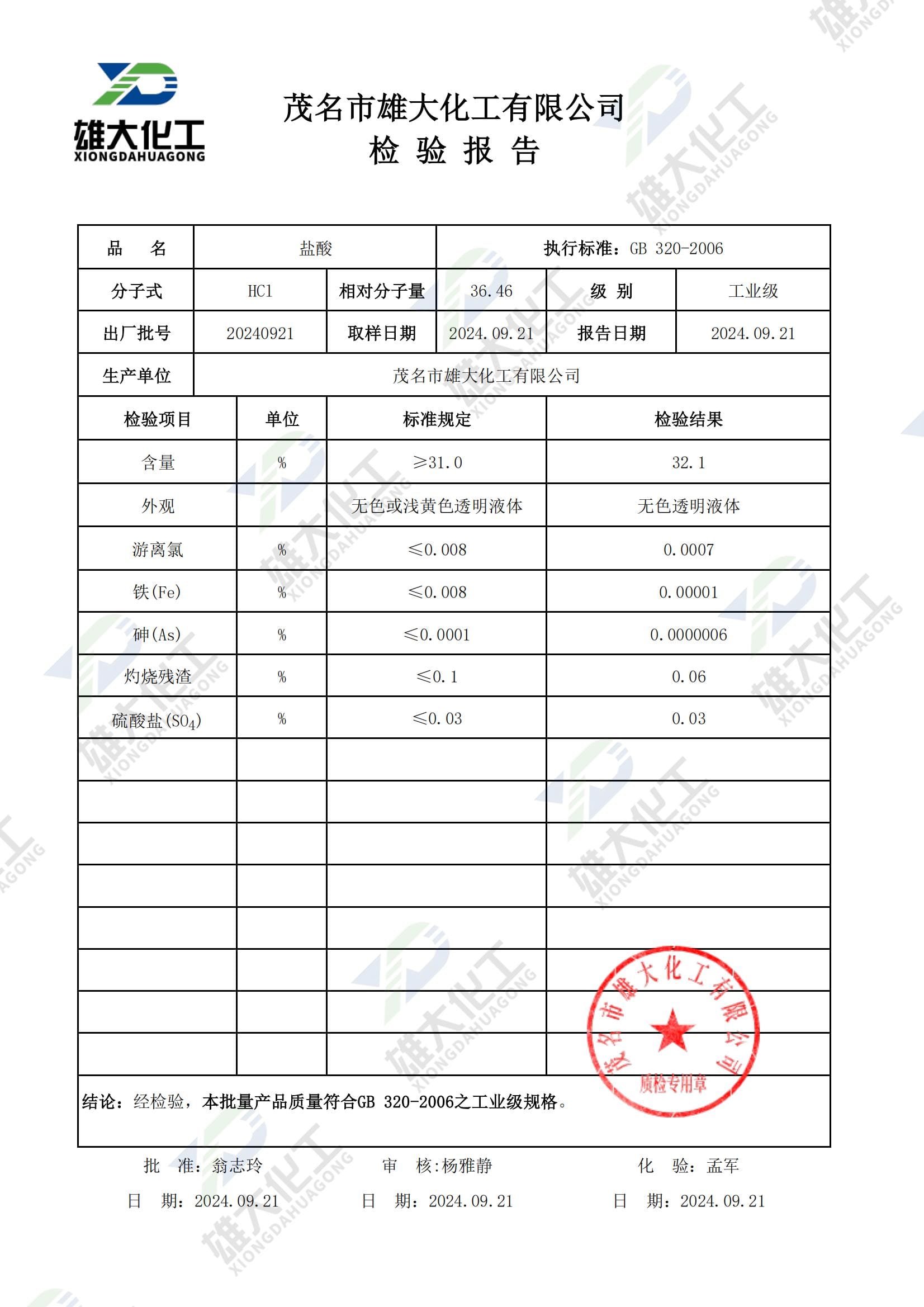 盐酸工业级 检测报告扫描示意