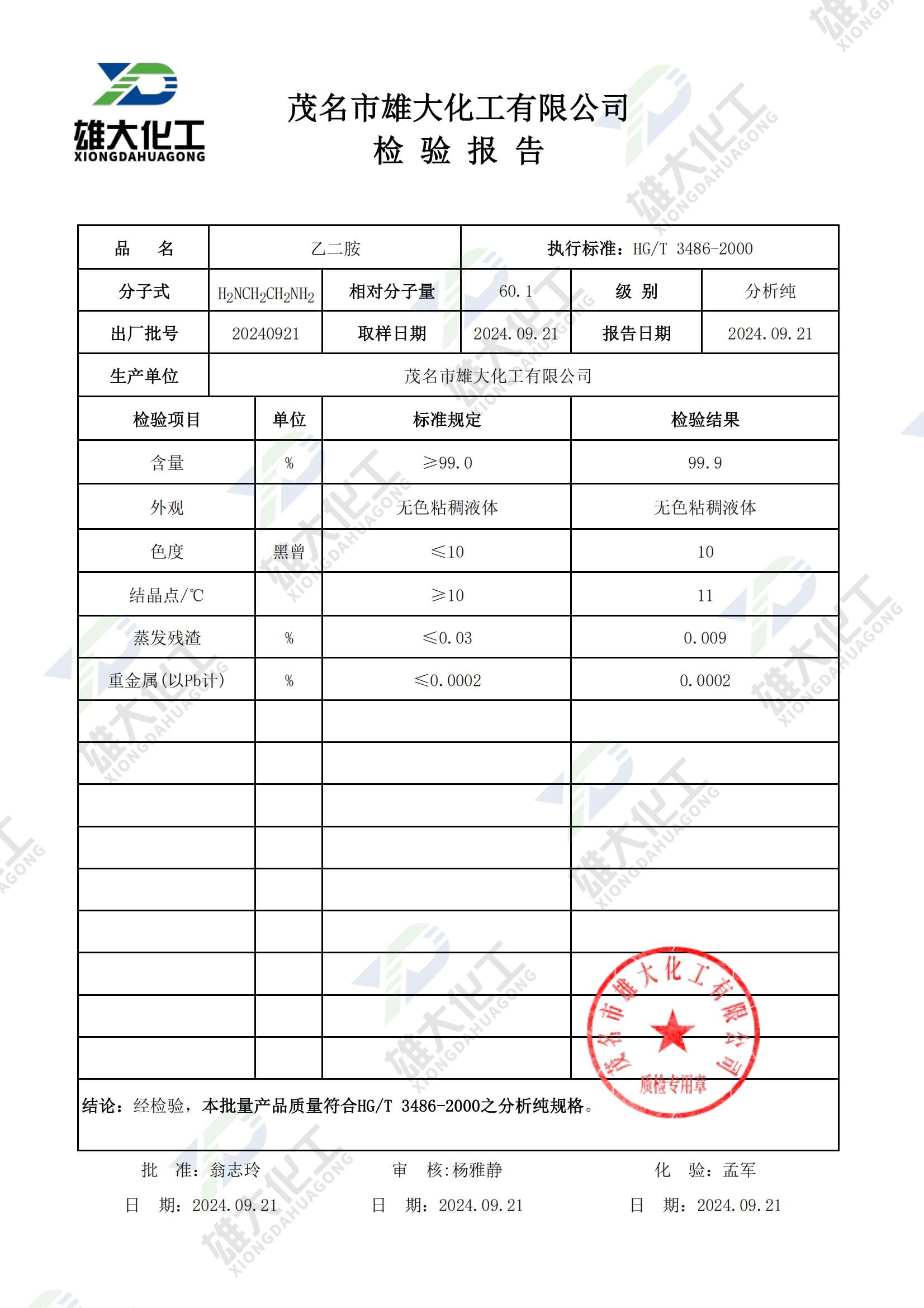 乙二胺分析纯 检测报告扫描示意