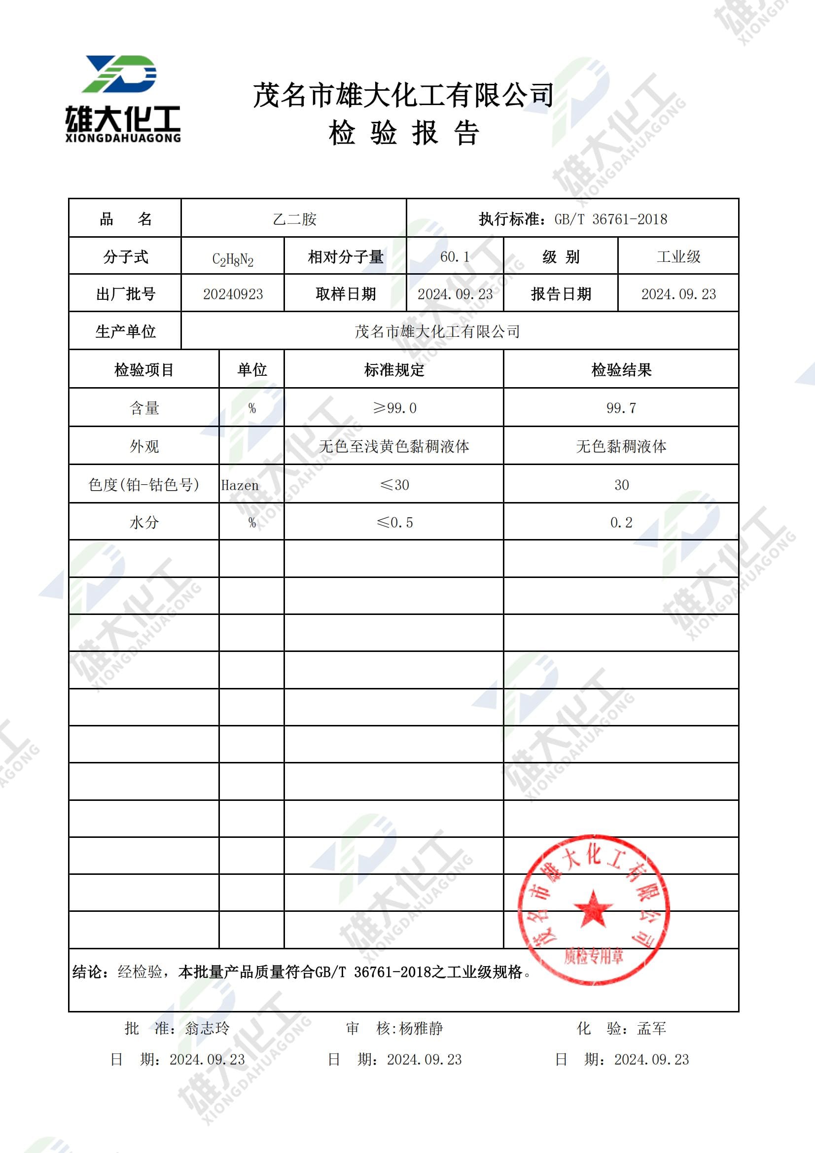 乙二胺工业级 检测报告扫描示意