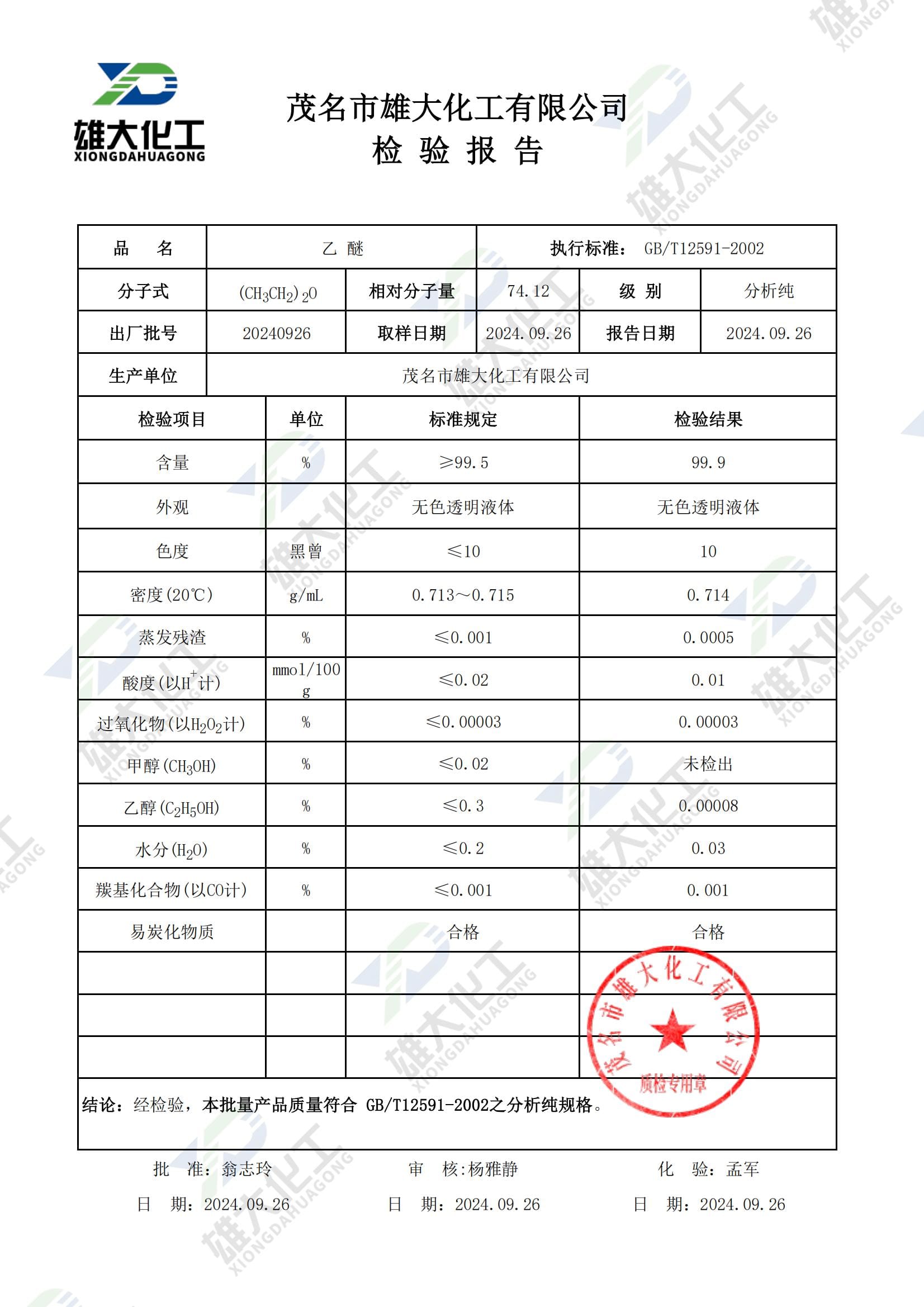 乙醚分析纯 检测报告扫描示意