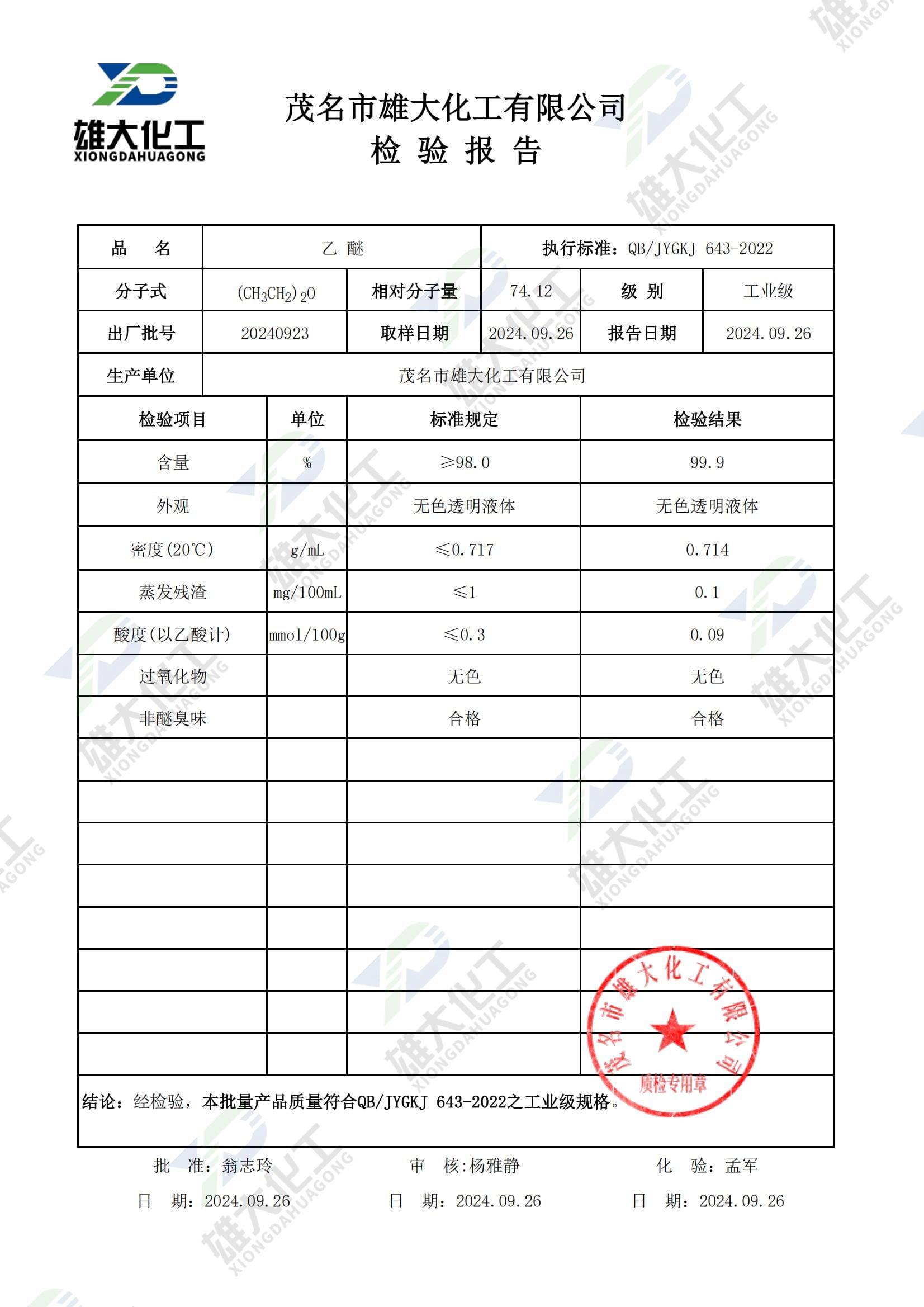 乙醚工业级 检测报告扫描示意