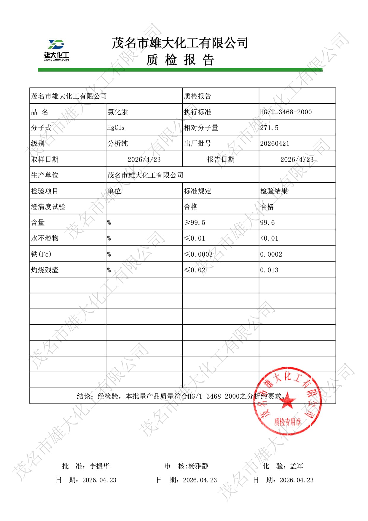 氯化汞 检测报告示意