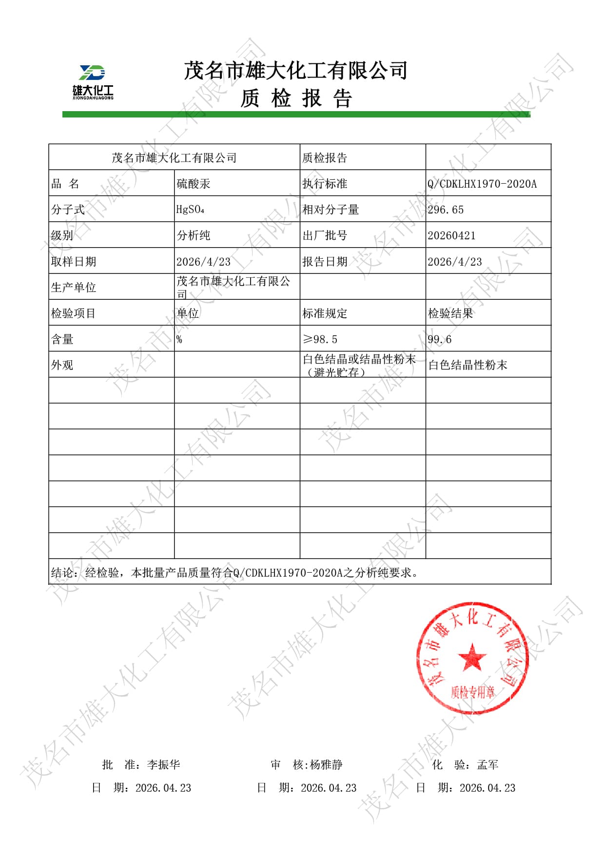 硫酸汞 检测报告示意