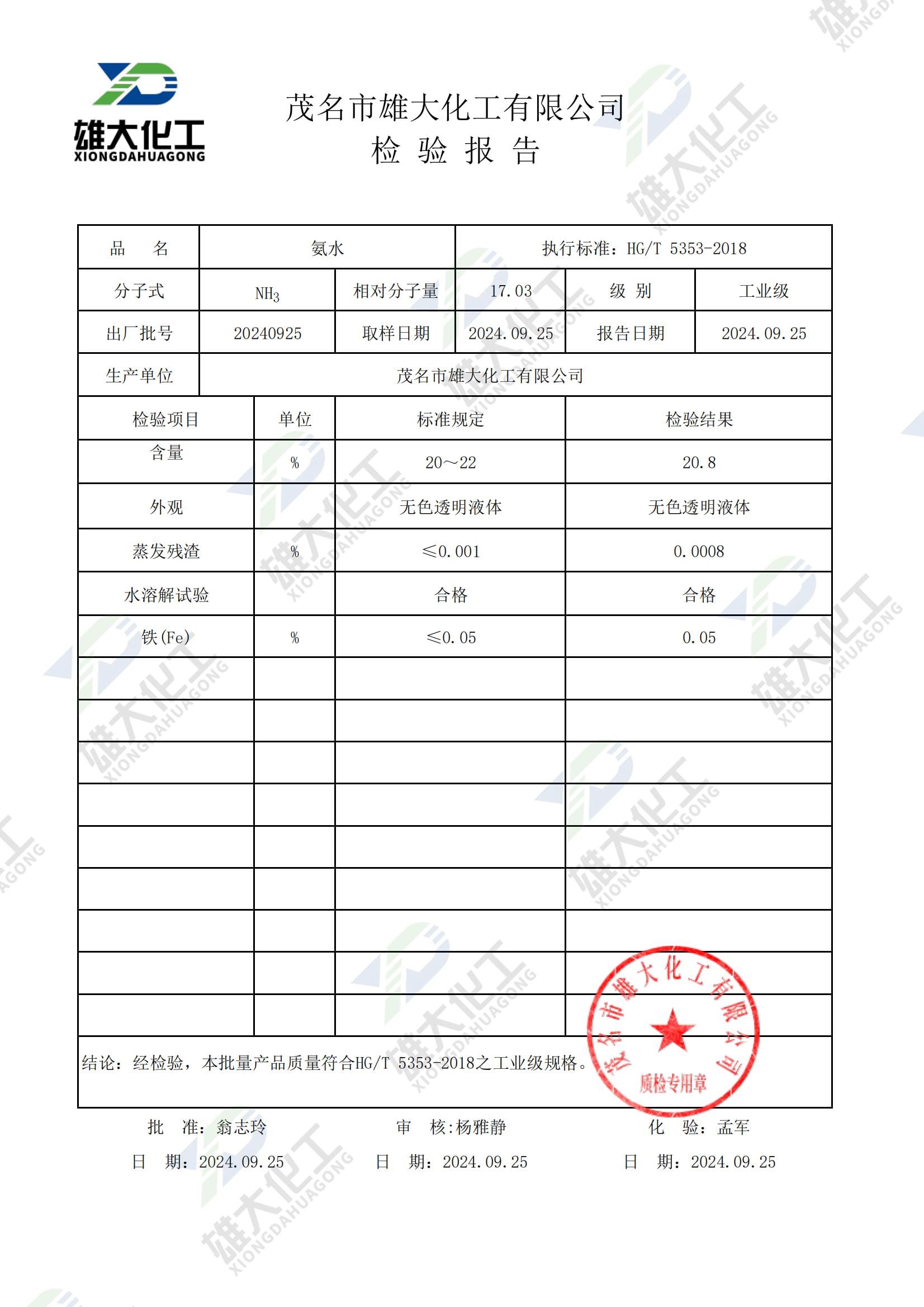 氨水工业级的检测报告